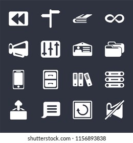 Set Of 16 icons such as Muted, Restart, Notification, Upload, Database, Rewind, Megaphone, Smartphone, Id card on black background, web UI editable icon pack