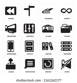 Set Of 16 icons such as Muted, Restart, Notification, Upload, Database, Rewind, Megaphone, Smartphone, Id card, web UI editable icon pack, pixel perfect