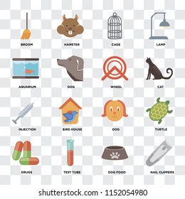 Set Of 16 icons such as Nail clippers, Dog food, Test tube, Drugs, Turtle, Broom, Aquarium, Injection, Wheel on transparent background, pixel perfect
