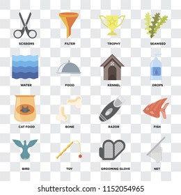 Set Of 16 icons such as Net, Grooming glove, Toy, Bird, Fish, Scissors, Water, Cat food, Kennel on transparent background, pixel perfect