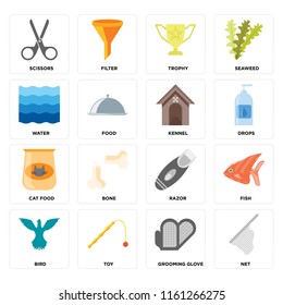 Set Of 16 icons such as Net, Grooming glove, Toy, Bird, Fish, Scissors, Water, Cat food, Kennel, web UI editable icon pack, pixel perfect