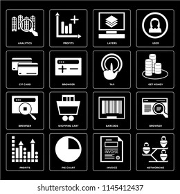 Set Of 16 icons such as Networking, Invoice, Pie chart, Profits, Browser, Analytics, Cit card, Tap, web UI editable icon pack, pixel perfect