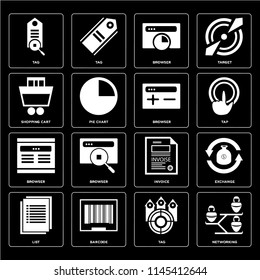 Set Of 16 icons such as Networking, Tag, Barcode, List, Exchange, Shopping cart, Browser, web UI editable icon pack, pixel perfect