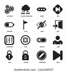 Set Of 16 icons such as Next, Forbidden, Locked, Lock, User, Settings, Battery, Controls, Hide, web UI editable icon pack, pixel perfect