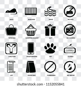 Set Of 16 icons such as No water, Forbidden, Paper bag, List, Closed, Rats, Tote Junction, Gift on transparent background, pixel perfect