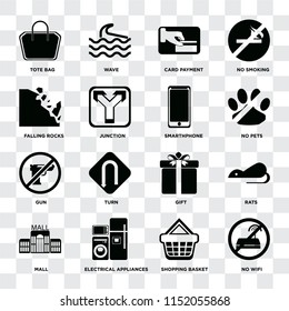 Set Of 16 icons such as No wifi, Shopping basket, Electrical appliances, Mall, Rats, Tote bag, Falling rocks, Gun, Smarthphone on transparent background, pixel perfect