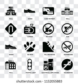 Set Of 16 icons such as No smoking, Electrical appliances, Traffic light, Mall, Skateboard, Turn, Shoes, food on transparent background, pixel perfect