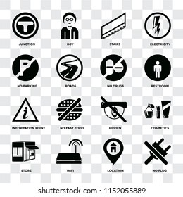 Set Of 16 icons such as No plug, Location, Wifi, Store, Cosmetics, Junction, parking, Information point, drugs on transparent background, pixel perfect