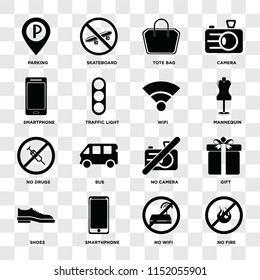 Set Of 16 icons such as No fire, wifi, Smarthphone, Shoes, Gift, Parking, Smartphone, drugs, Wifi on transparent background, pixel perfect