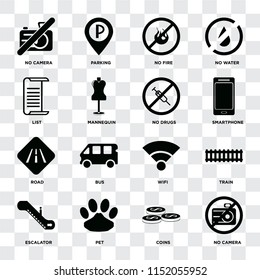 Set Of 16 icons such as No camera, Coins, Pet, Escalator, Train, List, Road, drugs on transparent background, pixel perfect