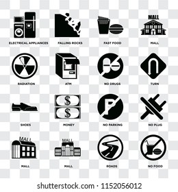Set Of 16 icons such as No food, Roads, Mall, plug, Electrical appliances, Radiation, Shoes, drugs on transparent background, pixel perfect