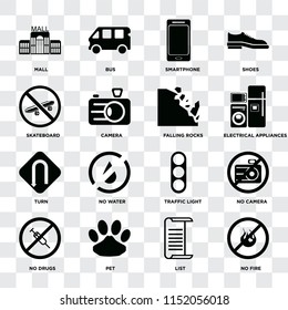 Set Of 16 icons such as No fire, List, Pet, drugs, camera, Mall, Skateboard, Turn, Falling rocks on transparent background, pixel perfect