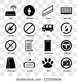 Set Of 16 icons such as No camera, Pet, Closed, Paper bag, Junction, Wifi, fire, drugs, Bus on transparent background, pixel perfect