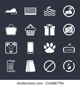 Set Of 16 icons such as No water, Forbidden, Paper bag, List, Closed, Rats, Tote Junction, Gift on black background, web UI editable icon pack