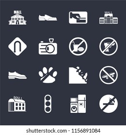Set Of 16 icons such as No smoking, Electrical appliances, Traffic light, Mall, Skateboard, Turn, Shoes, food on black background, web UI editable icon pack