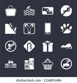 Set Of 16 icons such as No wifi, Shopping basket, Electrical appliances, Mall, Rats, Tote bag, Falling rocks, Gun, Smarthphone on black background, web UI editable icon pack