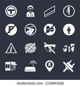 Set Of 16 icons such as No plug, Location, Wifi, Store, Cosmetics, Junction, parking, Information point, drugs on black background, web UI editable icon pack