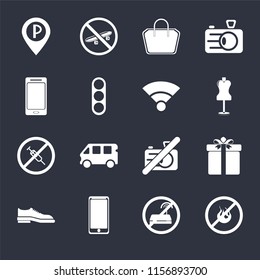 Set Of 16 icons such as No fire, wifi, Smarthphone, Shoes, Gift, Parking, Smartphone, drugs, Wifi on black background, web UI editable icon pack