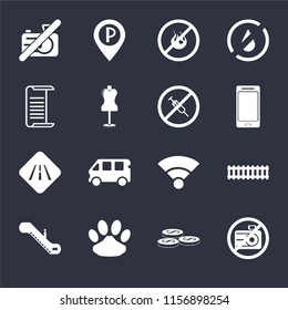 Set Of 16 icons such as No camera, Coins, Pet, Escalator, Train, List, Road, drugs on black background, web UI editable icon pack