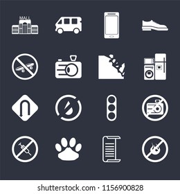 Set Of 16 icons such as No fire, List, Pet, drugs, camera, Mall, Skateboard, Turn, Falling rocks on black background, web UI editable icon pack