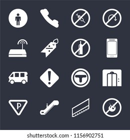 Set Of 16 icons such as No fire, Stairs, Escalator, Parking, Lift, Restroom, Wifi, Bus, alcohol on black background, web UI editable icon pack