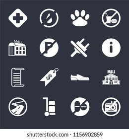 Set Of 16 icons such as No camera, drugs, Trolley, Roads, Mall, Hospital, List, plug on black background, web UI editable icon pack