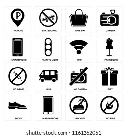 Set Of 16 icons such as No fire, wifi, Smarthphone, Shoes, Gift, Parking, Smartphone, drugs, Wifi, web UI editable icon pack, pixel perfect