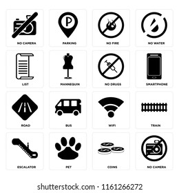 Set Of 16 icons such as No camera, Coins, Pet, Escalator, Train, List, Road, drugs, web UI editable icon pack, pixel perfect