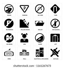 Set Of 16 icons such as No plug, Electrical appliances, Mall, Open, Lift, Roads, parking, drugs, Wallet, web UI editable icon pack, pixel perfect