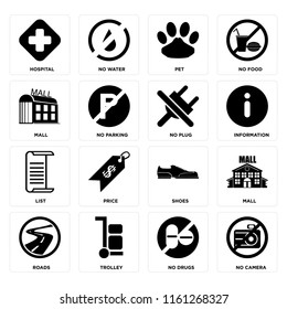 Set Of 16 icons such as No camera, drugs, Trolley, Roads, Mall, Hospital, List, plug, web UI editable icon pack, pixel perfect