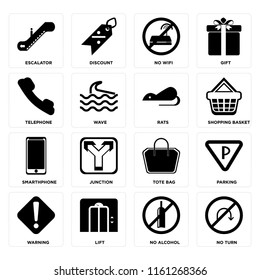 Set Of 16 icons such as No turn, alcohol, Lift, Warning, Parking, Escalator, Telephone, Smarthphone, Rats, web UI editable icon pack, pixel perfect