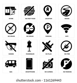 Set Of 16 icons such as No parking, camera, Smartphone, Bus, fire, Store, drugs, Hidden, Parking, web UI editable icon pack, pixel perfect