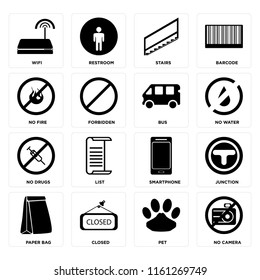 Set Of 16 icons such as No camera, Pet, Closed, Paper bag, Junction, Wifi, fire, drugs, Bus, web UI editable icon pack, pixel perfect