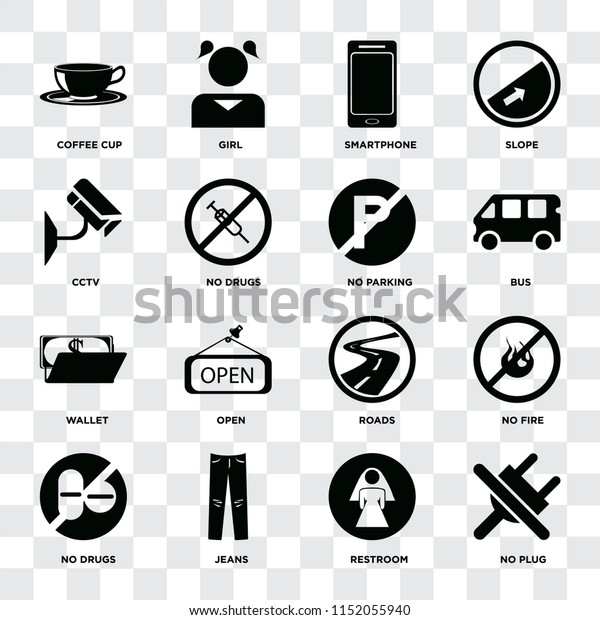 Set Of 16 icons such as No plug, Restroom, Jeans,\
drugs, fire, Coffee cup, Cctv, Wallet, parking on transparent\
background, pixel perfect