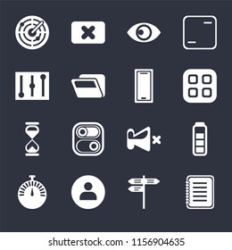 Set Of 16 icons such as Note, Street, User, Stopwatch, Battery, Radar, Controls, Hourglass, Smartphone on black background, web UI editable icon pack