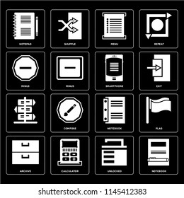 Set Of 16 icons such as Notebook, Unlocked, Calculator, Archive, Flag, Notepad, Minus, , Smartphone, web UI editable icon pack, pixel perfect
