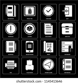 Set Of 16 icons such as Notebook, Paper plane, Television, Fax, Database, Warning, Notepad, Document, web UI editable icon pack, pixel perfect