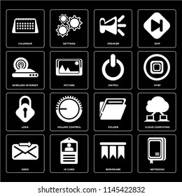 Set Of 16 icons such as Notebook, Bookmark, Id card, Send, Cloud computing, Calendar, Wireless internet, Lock, Switch, web UI editable icon pack, pixel perfect