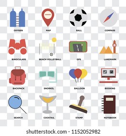 Set Of 16 icons such as Notebook, Stamp, Cocktail, Search, Booking, Oxygen, Binoculars, Backpack, Gps on transparent background, pixel perfect