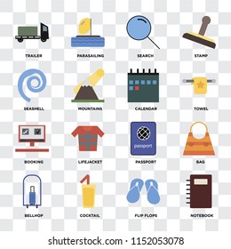 Set Of 16 icons such as Notebook, Flip flops, Cocktail, Bellhop, Bag, Trailer, Seashell, Booking, Calendar on transparent background, pixel perfect