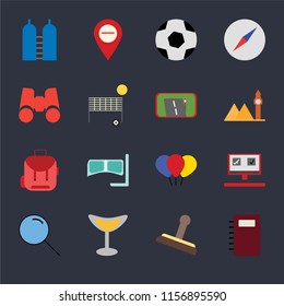 Set Of 16 icons such as Notebook, Stamp, Cocktail, Search, Booking, Oxygen, Binoculars, Backpack, Gps on black background, web UI editable icon pack