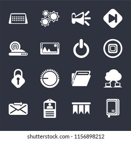 Set Of 16 icons such as Notebook, Bookmark, Id card, Send, Cloud computing, Calendar, Wireless internet, Lock, Switch on black background, web UI editable icon pack