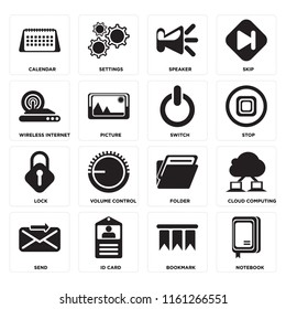 Set Of 16 icons such as Notebook, Bookmark, Id card, Send, Cloud computing, Calendar, Wireless internet, Lock, Switch, web UI editable icon pack, pixel perfect