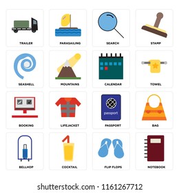 Set Of 16 icons such as Notebook, Flip flops, Cocktail, Bellhop, Bag, Trailer, Seashell, Booking, Calendar, web UI editable icon pack, pixel perfect