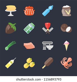 Set Of 16 icons such as Octopus, Ice cream, Pistachio, Oil, Pancakes, Hazelnut, Chives, Butcher on black background, web UI editable icon pack