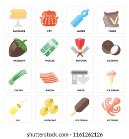 Set Of 16 icons such as Octopus, Ice cream, Pistachio, Oil, Pancakes, Hazelnut, Chives, Butcher, web UI editable icon pack, pixel perfect