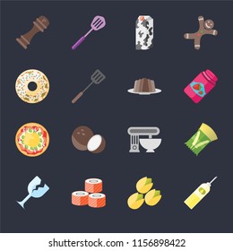 Set Of 16 icons such as Oil, Pistachio, Sushi, Glass, Pasta, Pepper, Doughnut, Pizza, Pudding on black background, web UI editable icon pack