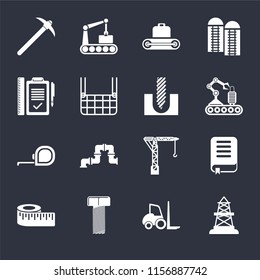 Set Of 16 icons such as Oilfield, Forklift, Bolt, Measure, Book, Pick, Plan, Measuring tape, Drill on black background, web UI editable icon pack