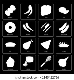 Set Of 16 icons such as Onion, Whisk, Seeds, Cupcake, Risotto, Coffee, Doughnut, Pie, Knives, web UI editable icon pack, pixel perfect