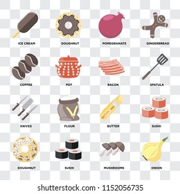 Set Of 16 icons such as Onion, Mushrooms, Sushi, Doughnut, Ice cream, Coffee, Knives, Bacon on transparent background, pixel perfect